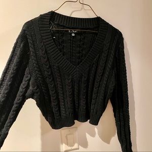 Black Cropped Cable Knit V Neck Sweater